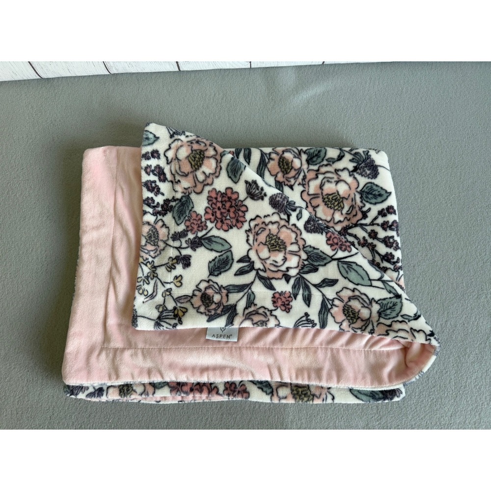 Aspen Baby Blanket Pink Floral Plush Fleece Minky Reversible Cream Sage 30x40